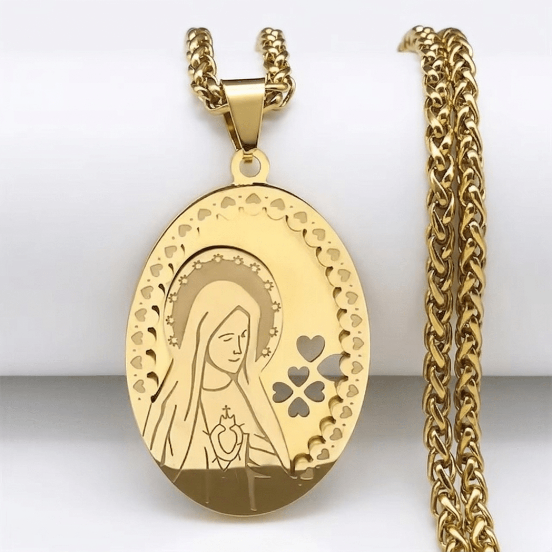 Virgin Mary Sacred Heart Oval Pendant Necklace — 18K Gold Plated Stainless Steel