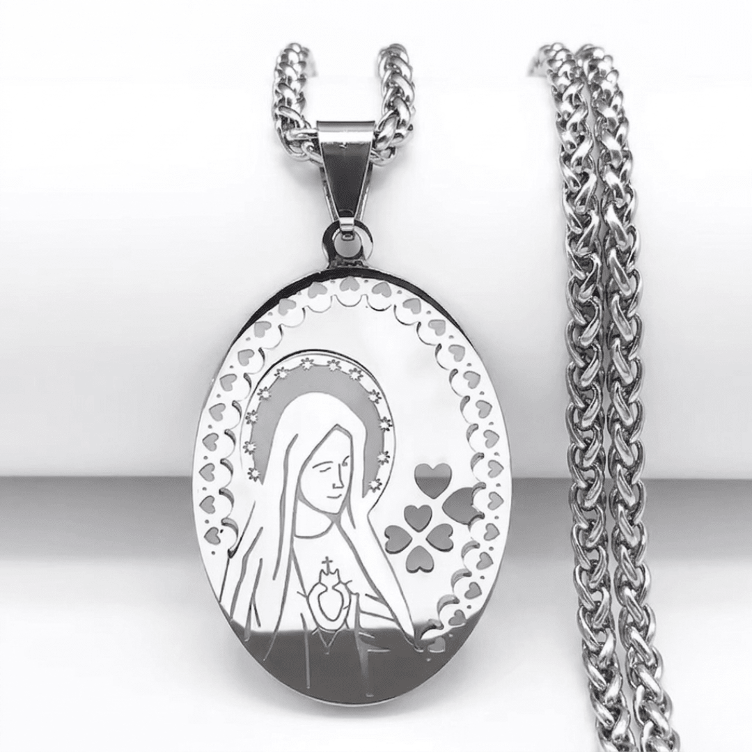 Virgin Mary Sacred Heart Oval Pendant Necklace — Silver Stainless Steel - JMJ Catholic Productsvariant