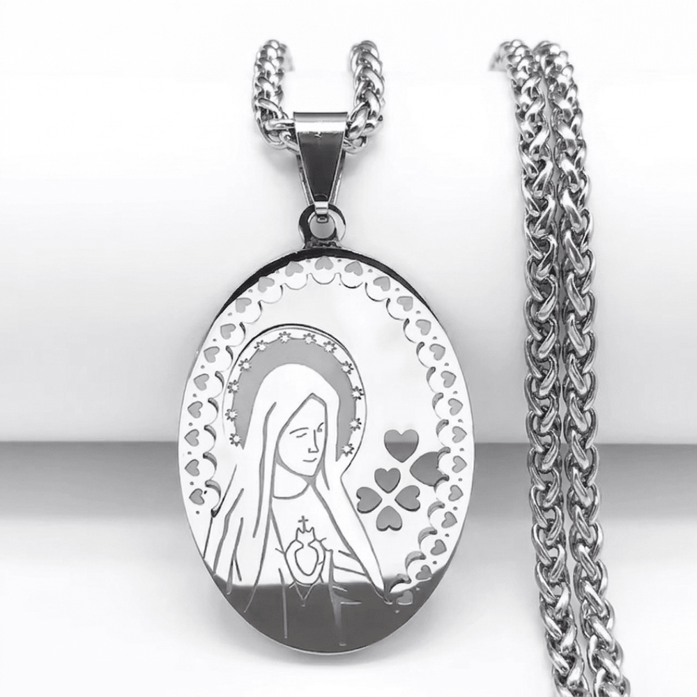 Virgin Mary Sacred Heart Oval Pendant Necklace — Silver Stainless Steel - JMJ Catholic Productsvariant