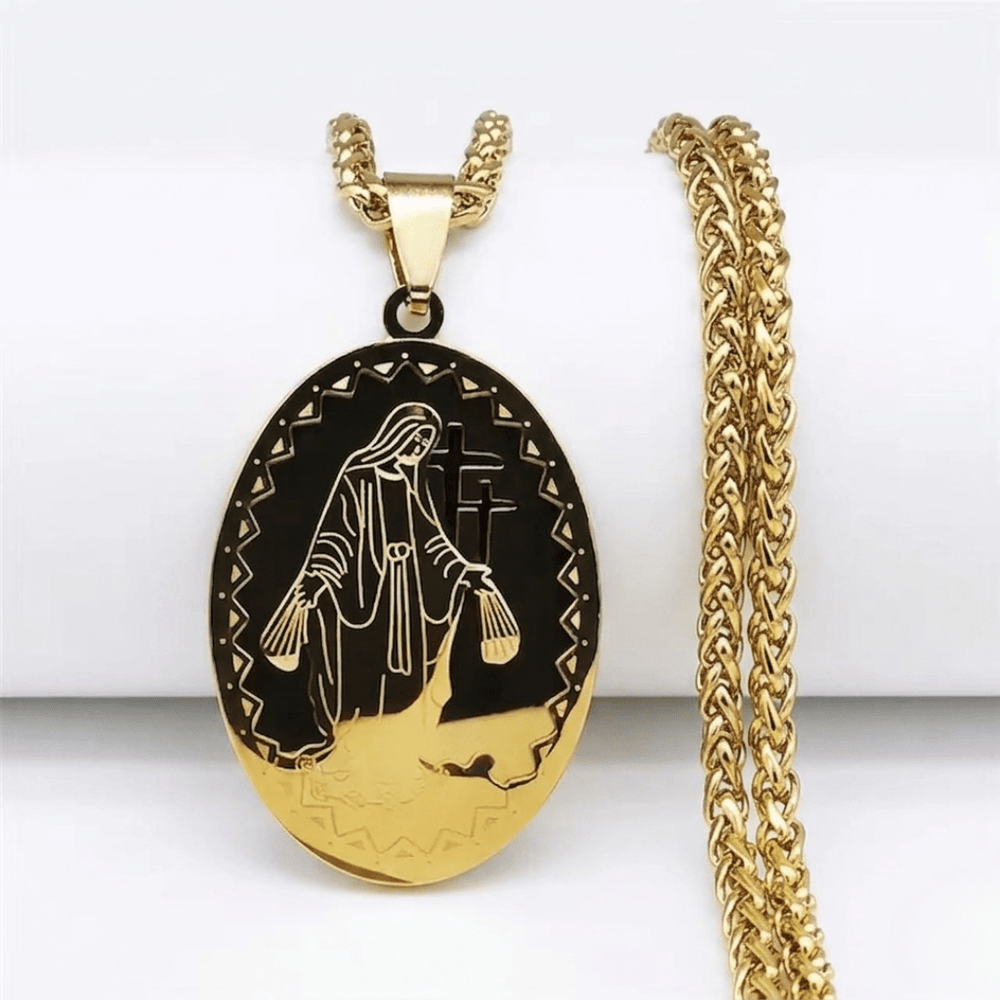 Virgin Mary with Crucifix Oval Pendant Necklace — 18K Gold Plated Stainless Steel - JMJ Catholic Productsvariant