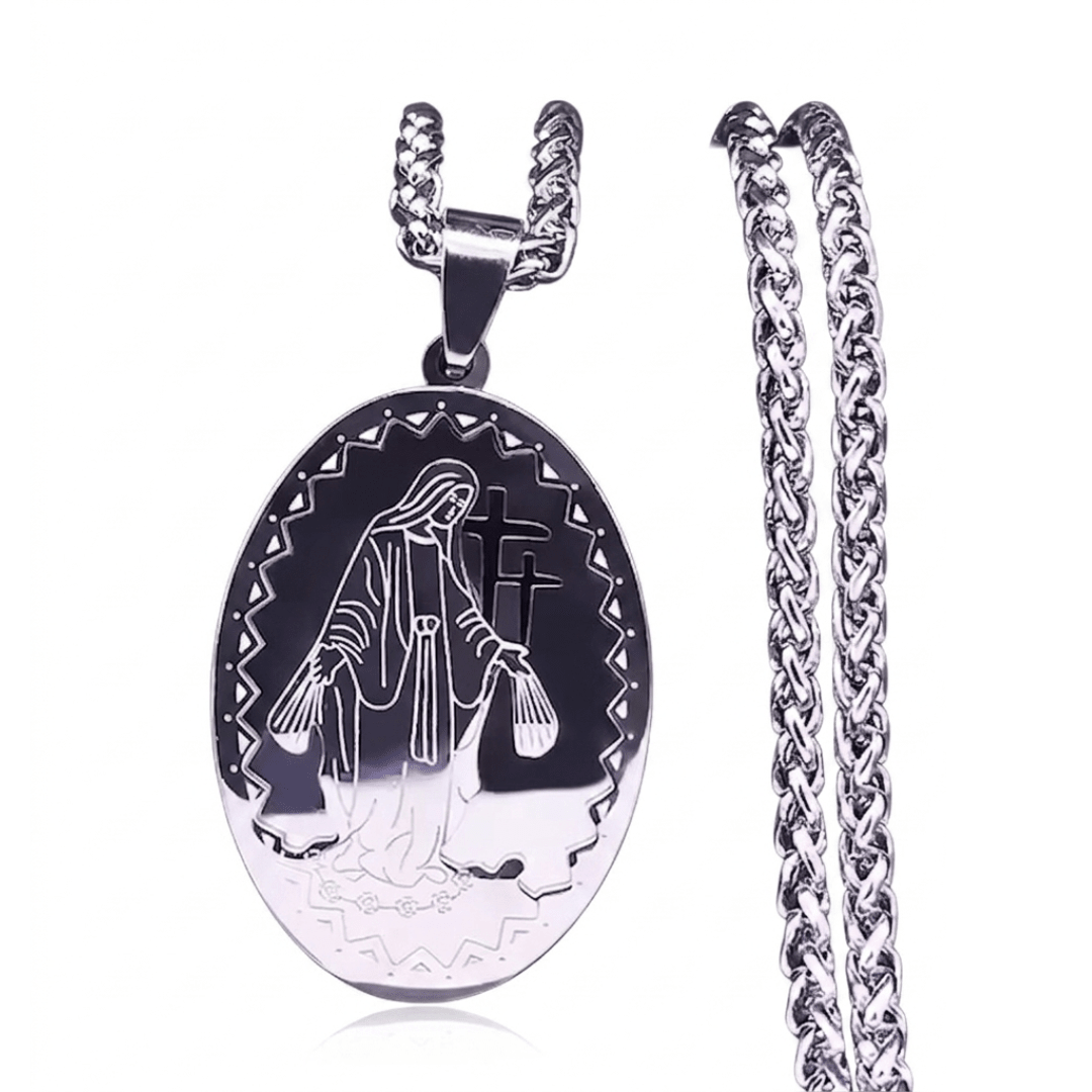 Virgin Mary with Crucifix Oval Pendant Necklace — Silver Stainless Steel - JMJ Catholic Productsvariant