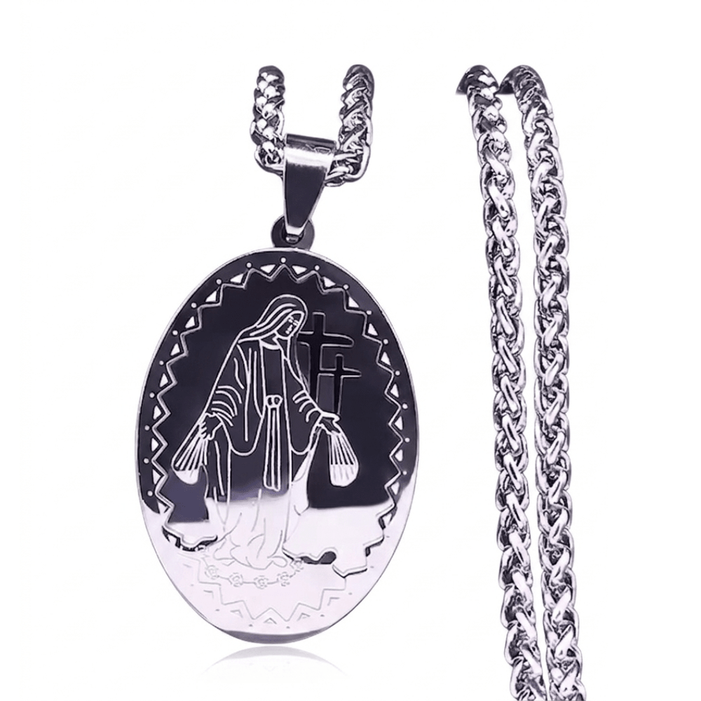 Virgin Mary with Crucifix Oval Pendant Necklace — Silver Stainless Steel - JMJ Catholic Productsvariant
