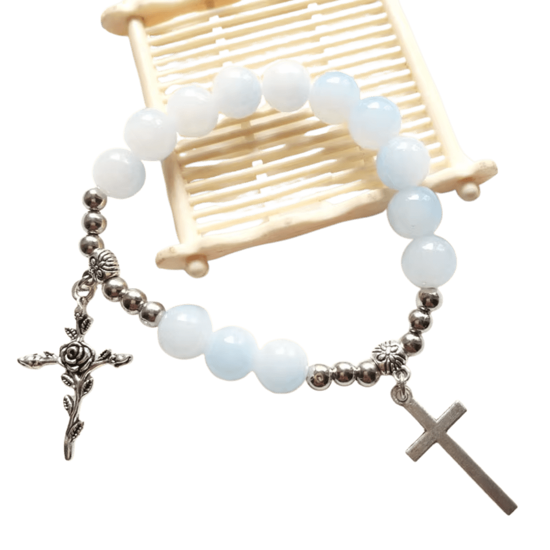 White Beaded Crucifix Rosary Bracelet
