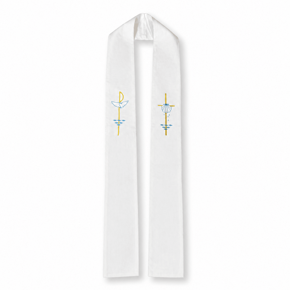 White Holy Spirit & Baptism Embroidered Confirmation Stole - JMJ Catholic Productsvariant