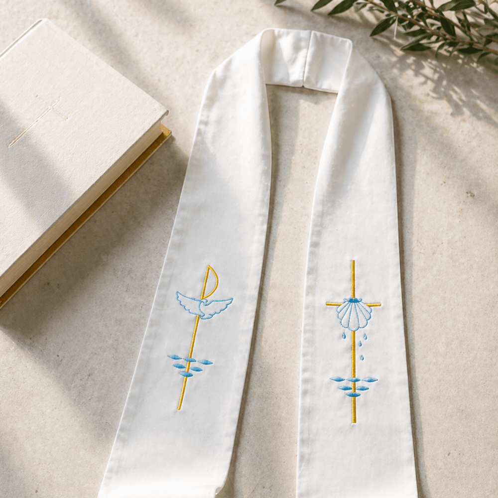 White Holy Spirit & Baptism Embroidered Confirmation Stole - JMJ Catholic Productsvariant