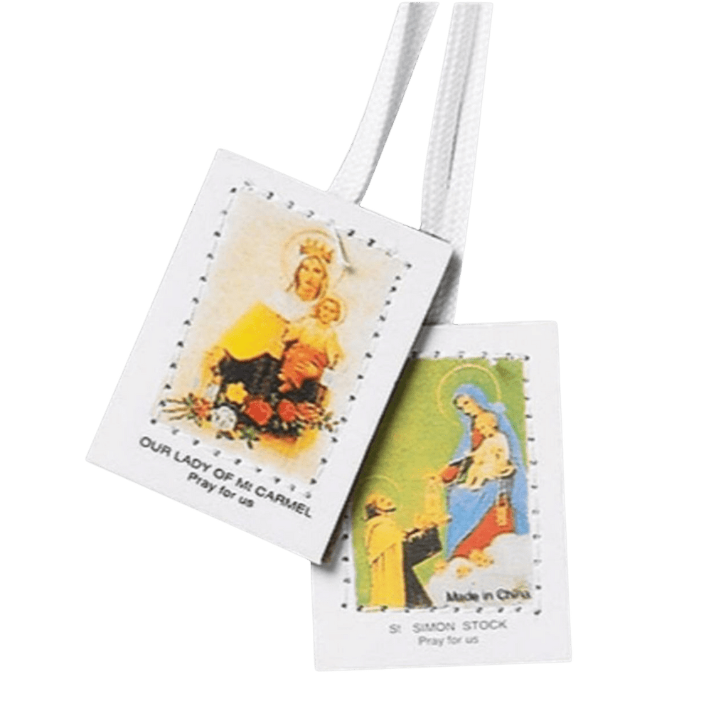 White Wool Felt Scapular of Our Lady of Mount Carmel & Saint Simon Stock - JMJ Catholic Productsvariant