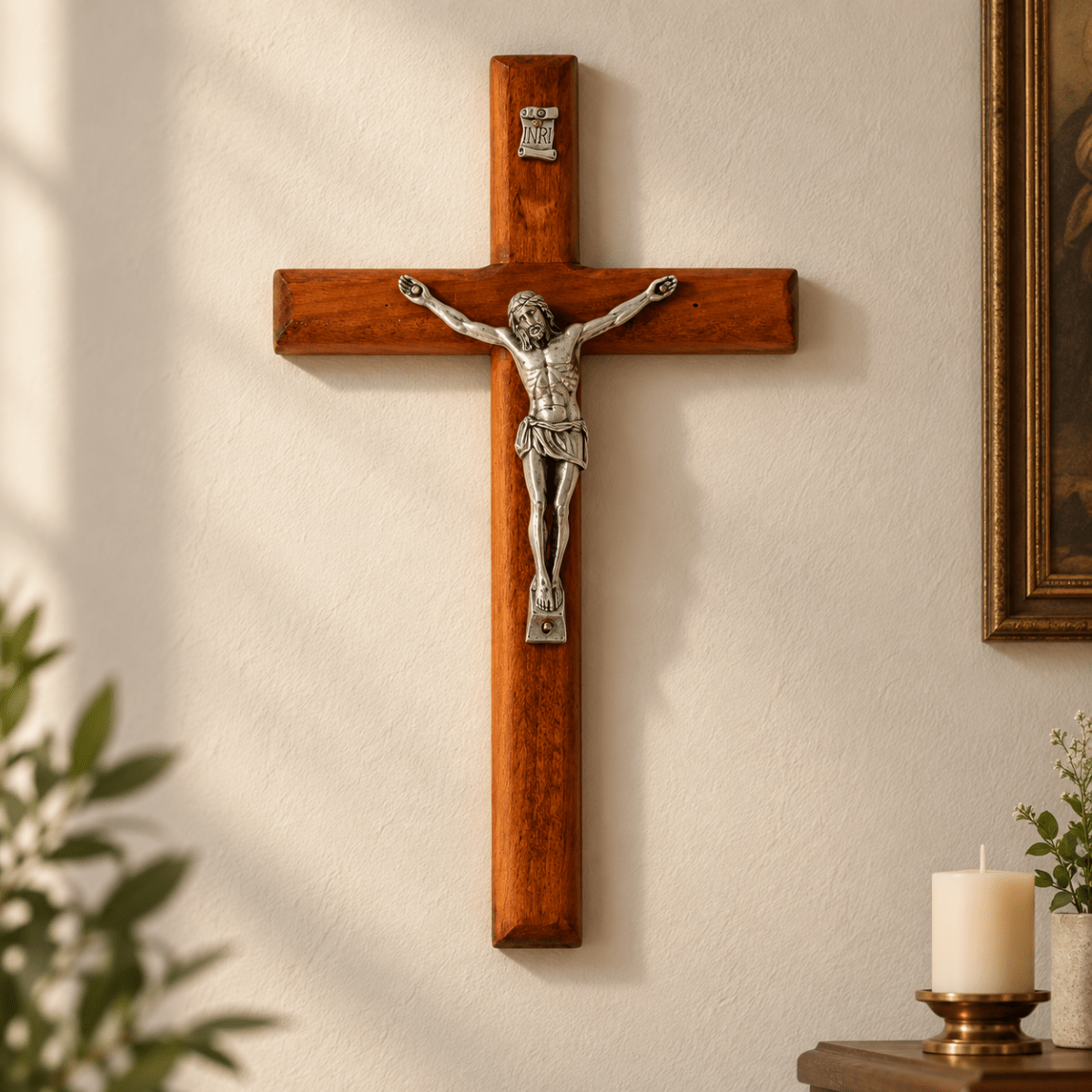 Wooden Wall Crucifix — Elegant Silver-Tone Corpus, Medium - JMJ Catholic Productsvariant
