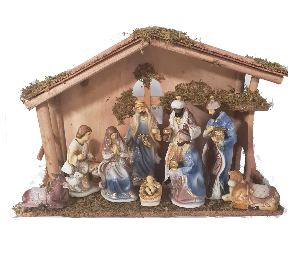 Ceramic Nativity with wooden manger.