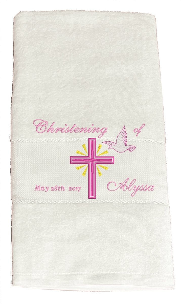 Customised Christening Towel,  Cross and sunlight (girl, name and date)
