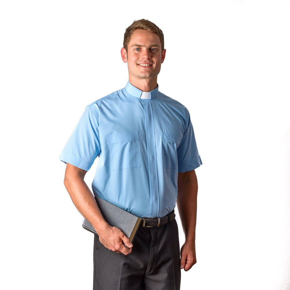 Clergy Shirt, Sky Blue Cotton rich Short Sleeve Tab Shirt - all sizes in stock - JMJ Catholic Products#variant