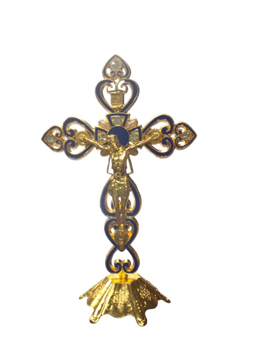 Gold and blue crucifix with stand (20cm h) - JMJ Catholic Products#variant