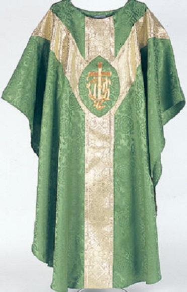 Green & Gold Tudor Rose Chasuble — Hand Embroidered IHS Design - JMJ Catholic Productsvariant