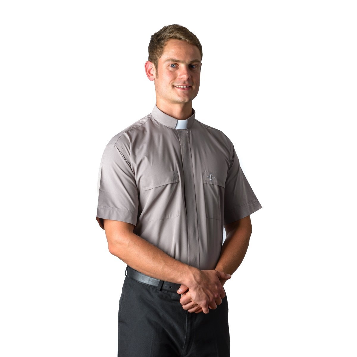 Grey Clergy Shirt — Short Sleeve, Tab Collar (70% Cotton)