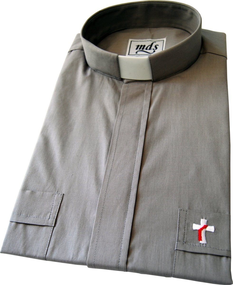 Grey Deacon Clergy Shirt — Short Sleeve, Tab Collar, Embroidered (70% Cotton)