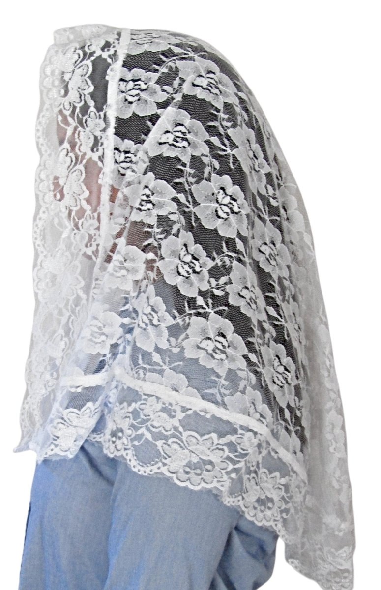 Mantilla with lace trim - White (free shipping) - JMJ Catholic Products#variant