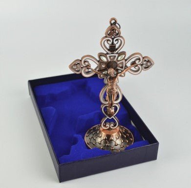 Metal Bronze Crucifix with stand - 15.5cm H - JMJ Catholic Products#variant
