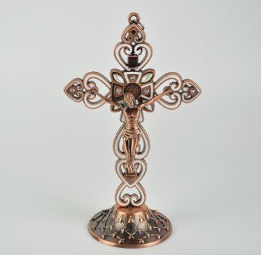 Metal Bronze Crucifix with stand - 15.5cm H - JMJ Catholic Products#variant