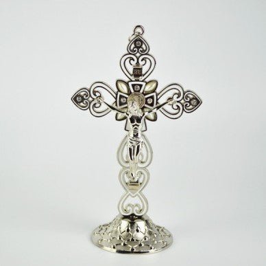 Metal silver crucifix with stand (15.5cm h) - JMJ Catholic Products#variant