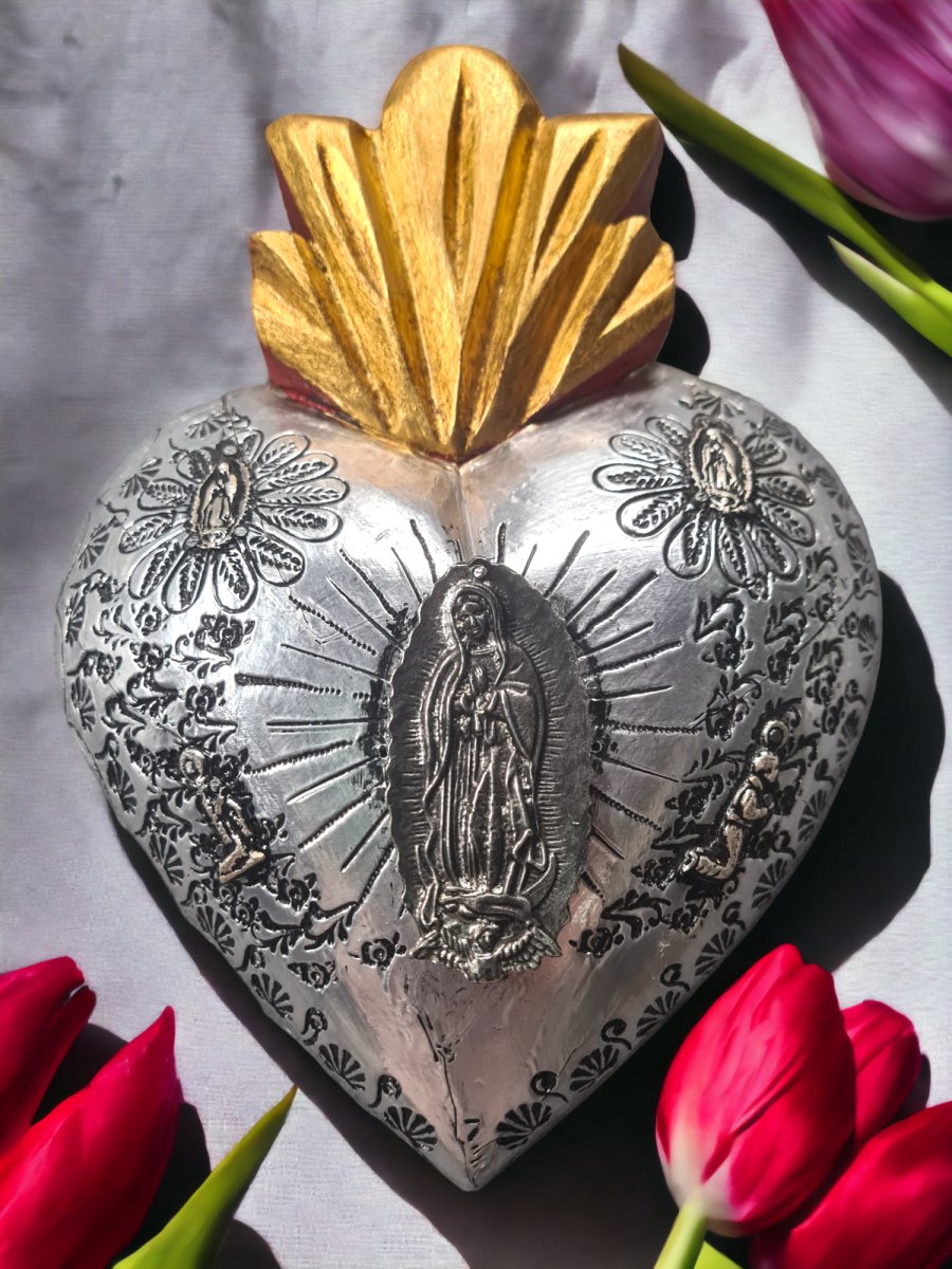 Our Lady of Guadalupe- tin covered wood heart - wall hanging - JMJ Catholic Products#variant