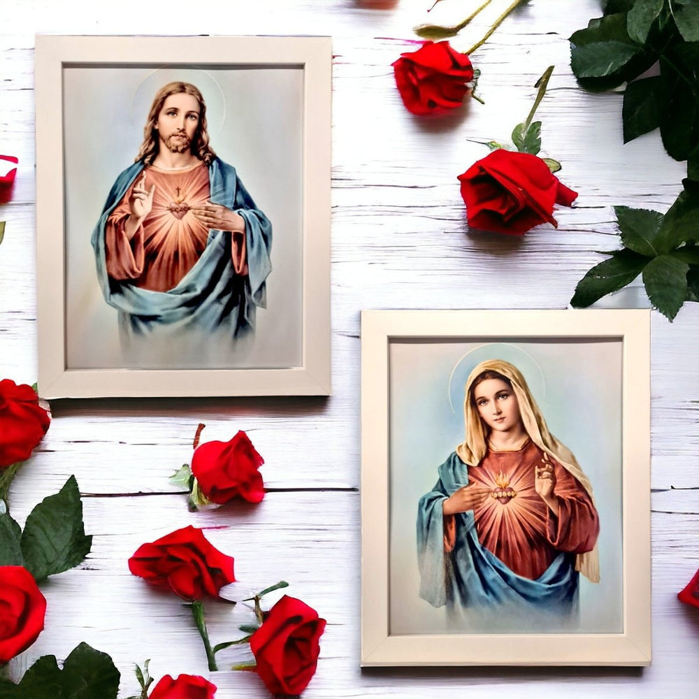 Sacred Heart Jesus and Mary - White timber frame - JMJ Catholic Products#variant