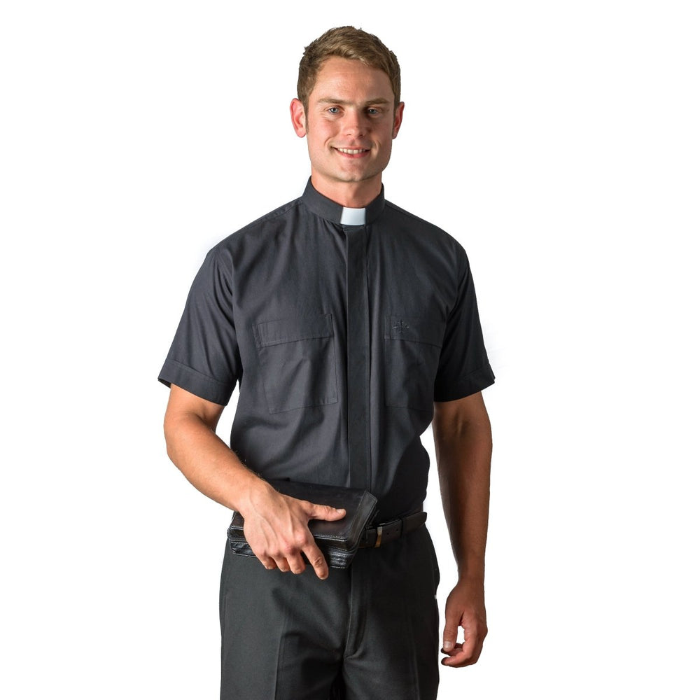Traditional Black Clergy Shirt — Short Sleeve, Tab Collar (70% Cotton) - JMJ Catholic Productsvariant