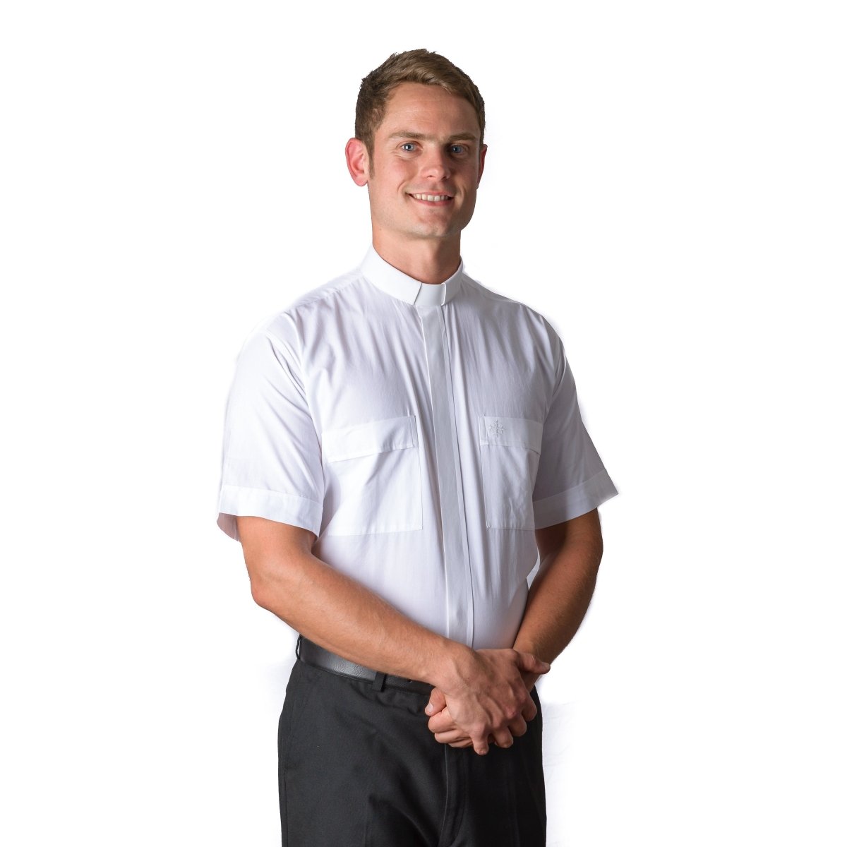 White Clergy Shirt — Short Sleeve, Tab Collar (70% Cotton)